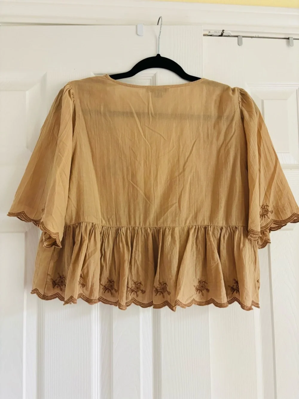 Embroidered Peplum Tie-Front Women's Top in Camel - Picture 2 of 5